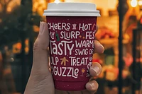Disposable coffee cup with quirky text in someones hand